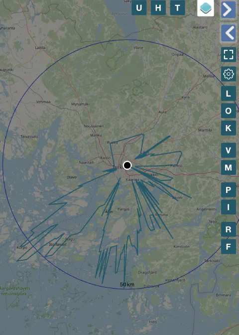 Kartta, jossa näkyy heikko kuuluvuusalue